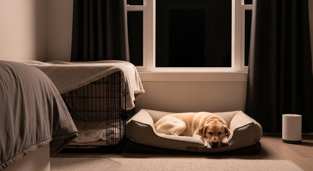 A cozy, peaceful bedroom corner at night showing a perfectly set-up dog sleeping area. A dog crate with a soft blanket draped over it, a plush orthopedic dog bed with a sleeping Labrador, blackout curtains on the window, and a small white noise machine on the floor nearby. Soft warm lighting, interior design aesthetic, photorealistic, calm and inviting atmosphere.