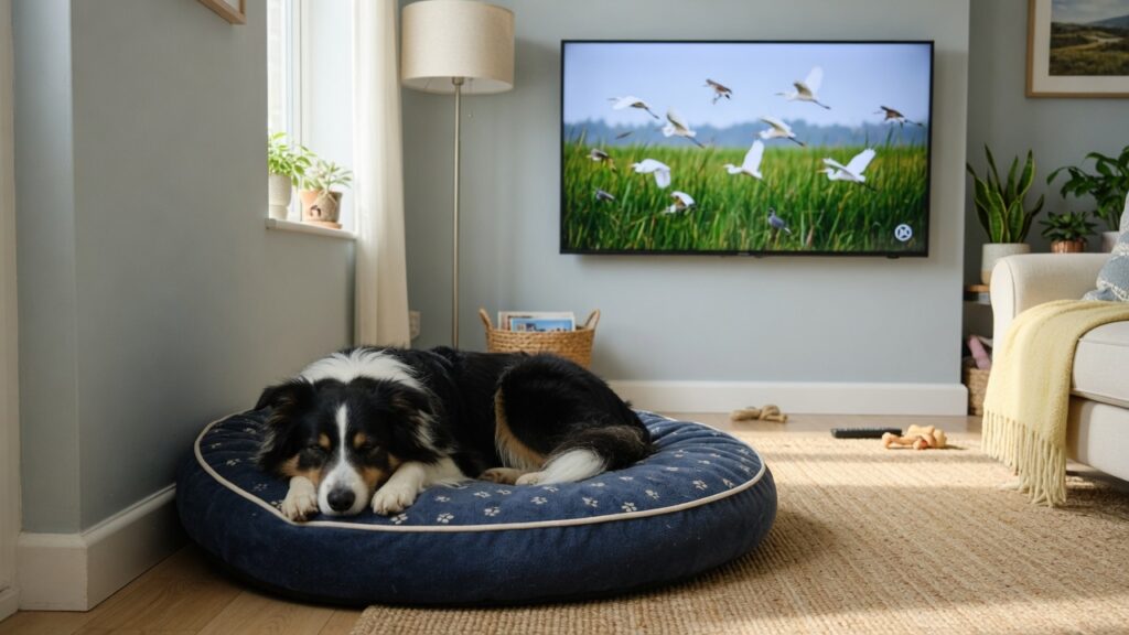 Border Collie resting calmly on dog bed while nature documentary plays on TV
