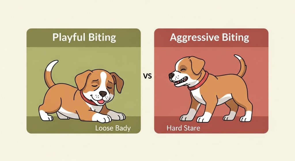 Infographic comparing playful puppy mouthing vs aggressive biting body language