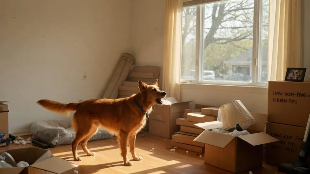 Dog barking at window after moving to new house