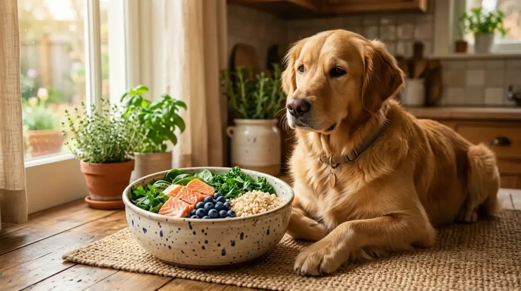 Dog eating a nutritious whole-food diet that supports calm behavior