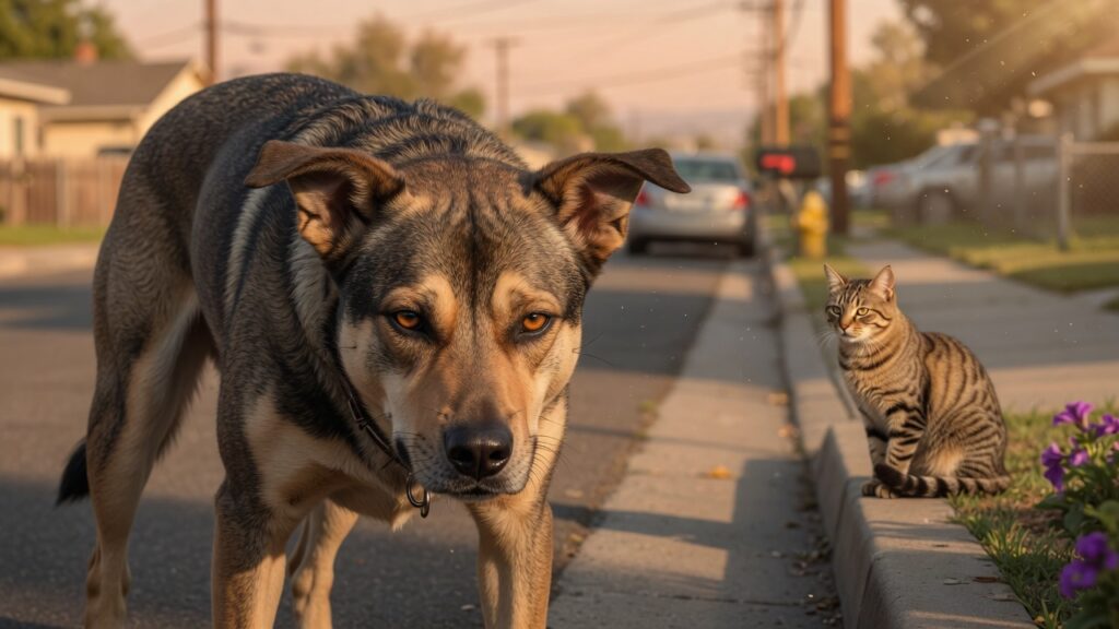 Dog intensely staring at a cat across the street showing prey drive behavior