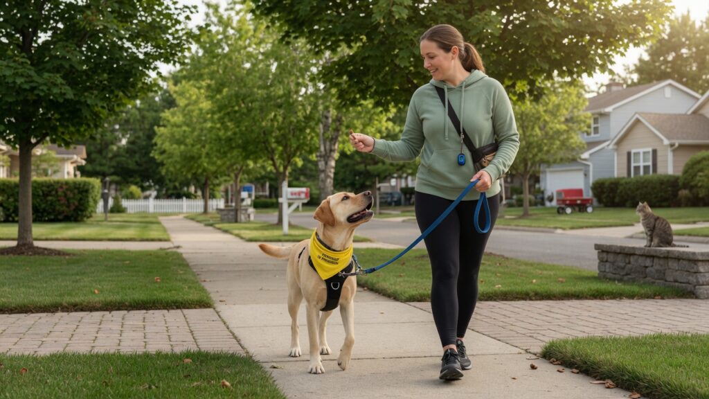 Dog trainer using treats to redirect a dog's attention away from a cat on a walk