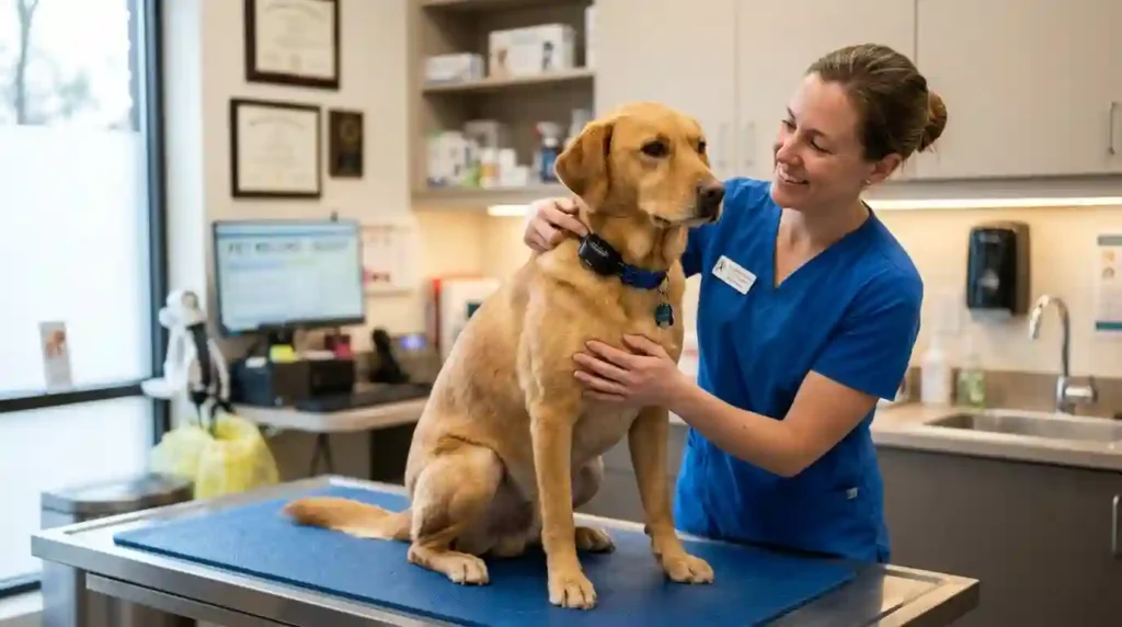 A caring veterinarian gently examining