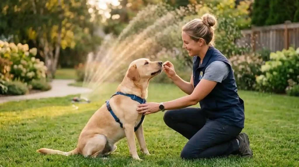 A dog trainer kneeling on a lawn