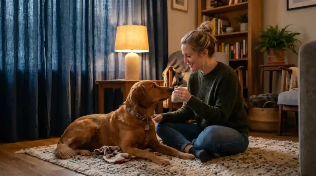 Owner Comforting Dog Calmly