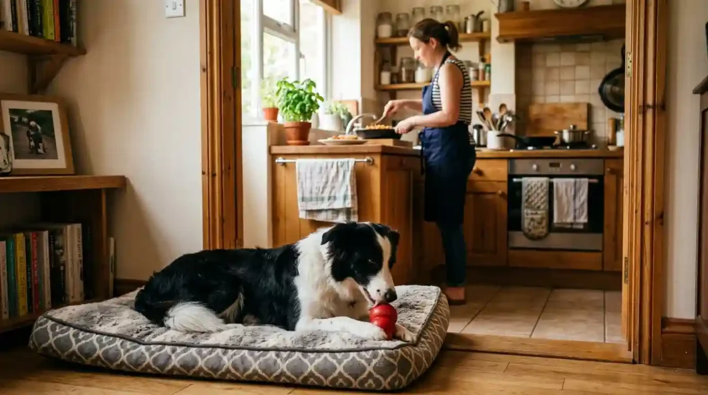 Teaching a 'place' command and providing enrichment toys can transform kitchen behavior