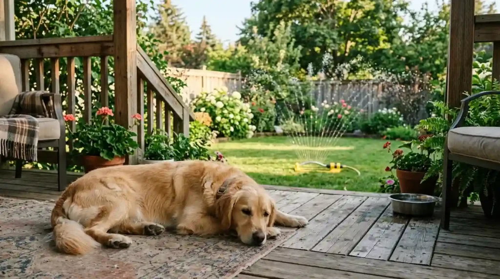 relaxed dog lying calmly on a porch with a sprinkler