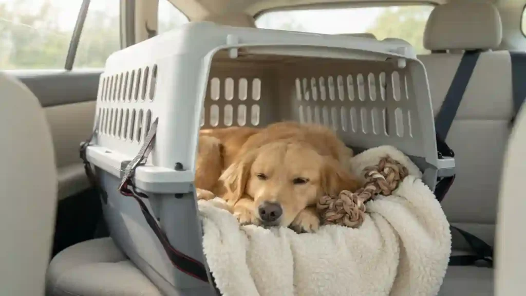 A calm, relaxed dog lying comfortably inside a well-ventilated travel crate