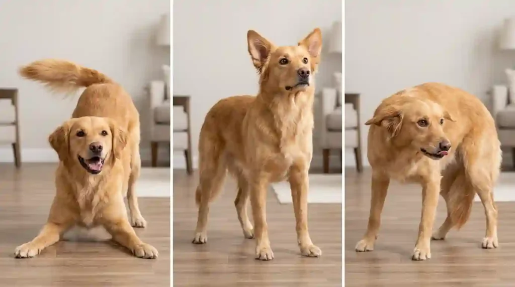 Comparison of playful, startled, and anxious dog body language during loud laughter