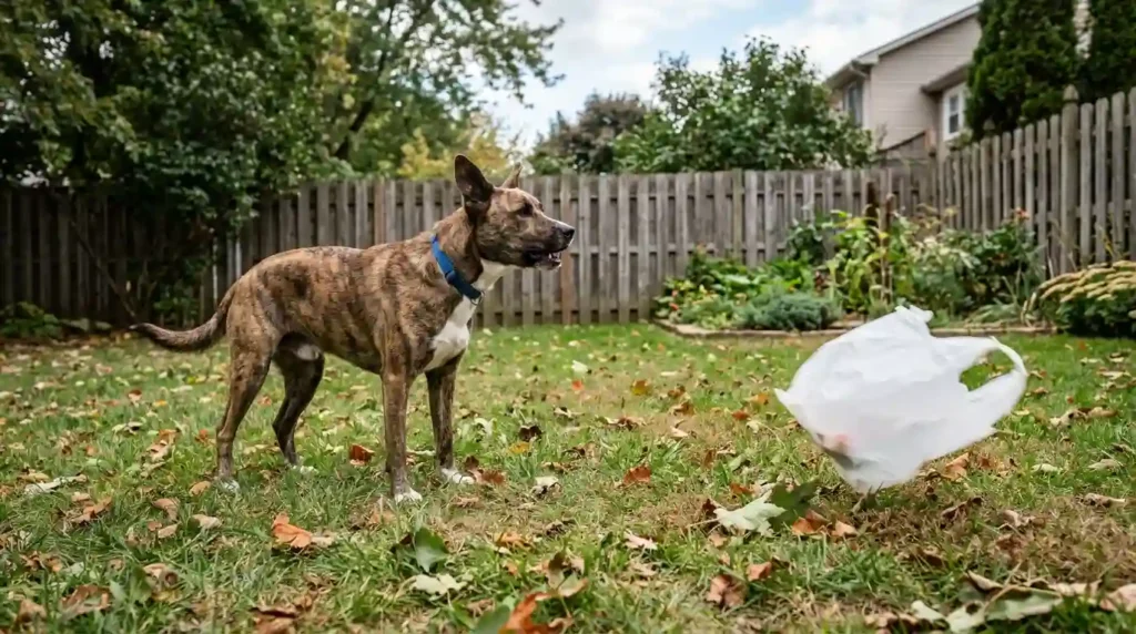 Dog barking at plastic bag