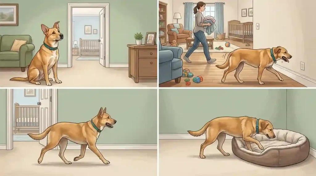 Dog barks when baby cries