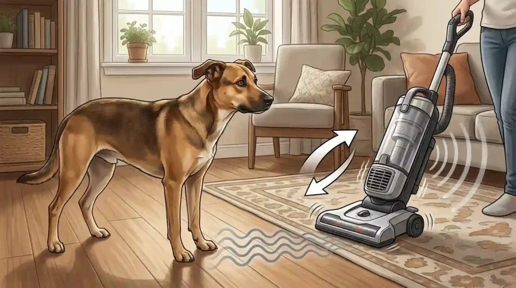 Dog observing vacuum cleaner