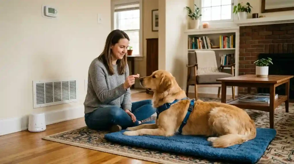 Dog owner rewarding relaxed dog