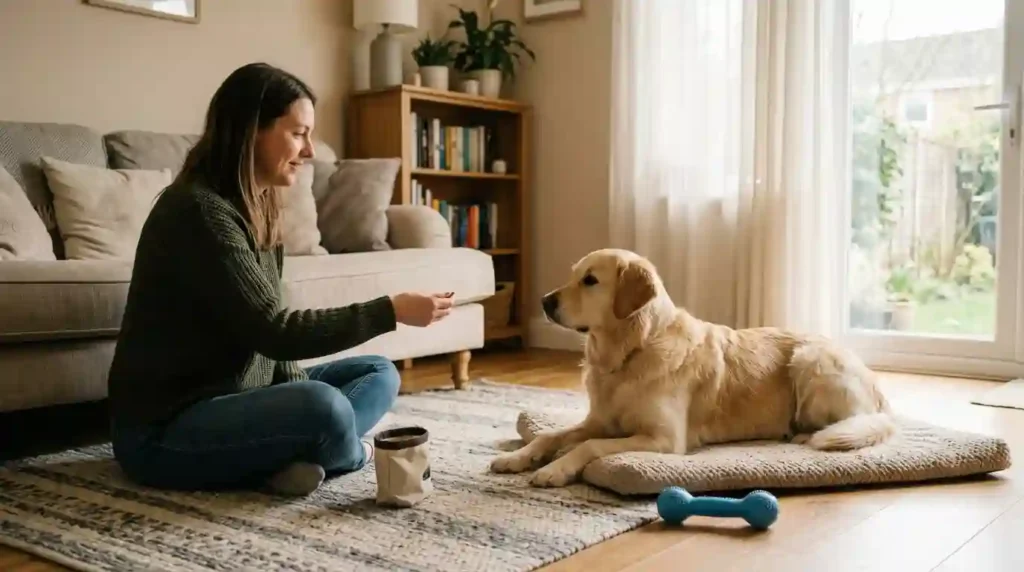 Dog owner training relaxed dog
