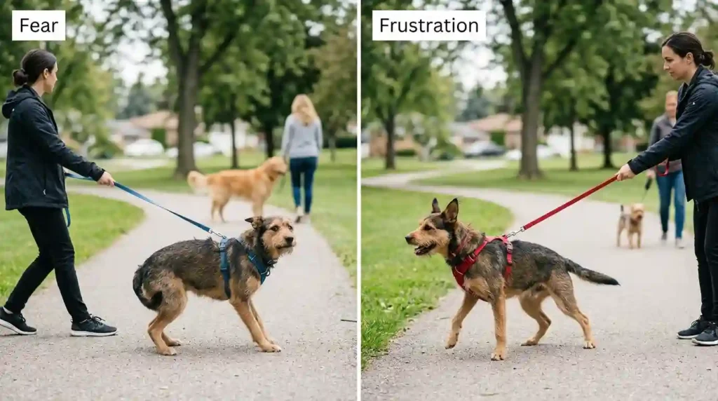 Place after this section. Create a realistic educational split-scene photograph showing the same medium-sized dog reacting to another dog during two separate leash encounters. On the left, portray fear-based reactivity with the dog leaning backward, ears partially pinned, tail tucked, tense mouth, and weight shifted away. On the right, portray frustration-based reactivity with forward pulling, alert ears, excited posture, and visible leash tension. Show both handlers calmly creating distance. Use a safe suburban park setting, natural daylight, accurate canine anatomy, and subtle labels reading “Fear” and “Frustration.” No dog contact, fighting, injuries, prong collars, or shock collars. Landscape orientation, 16:9, editorial pet-behavior photography.