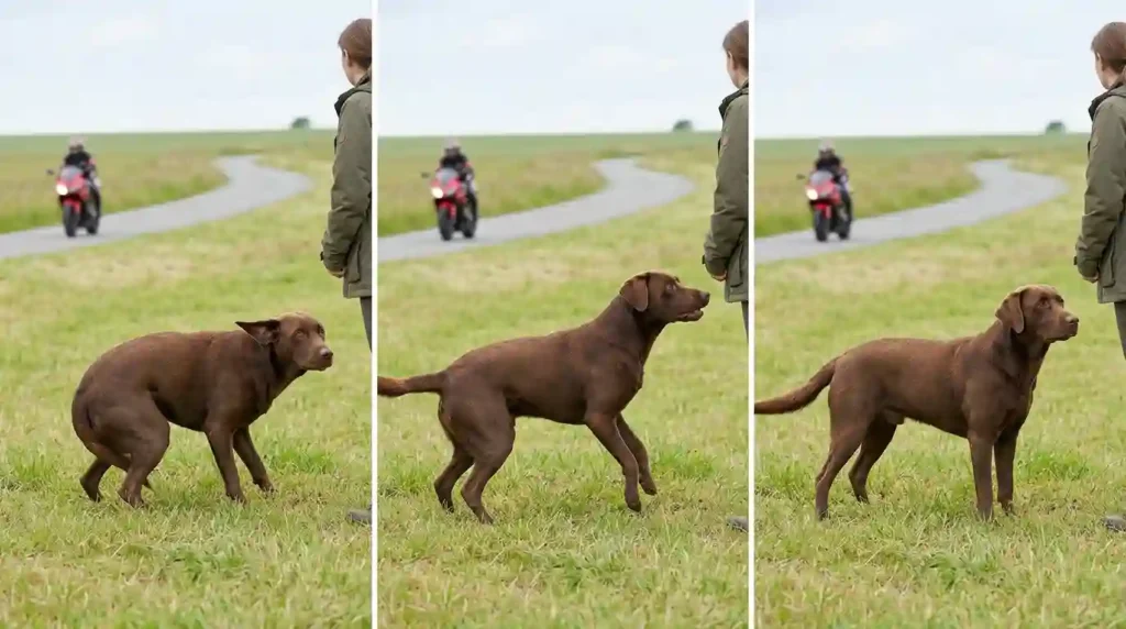 Dog responding to motorcycle panels