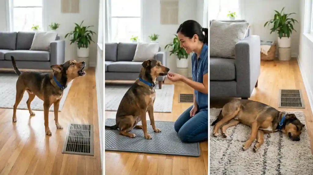 Dog training progress living room