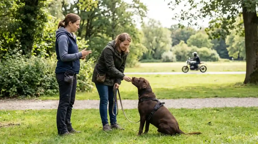 Dog trainer helping owner motorcycle