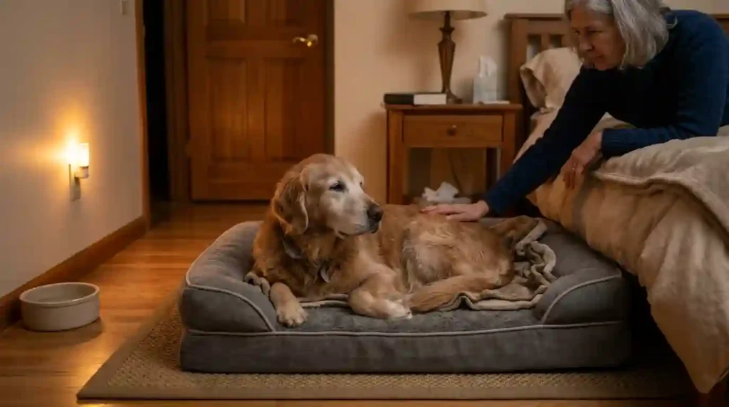 Elderly golden retriever resting