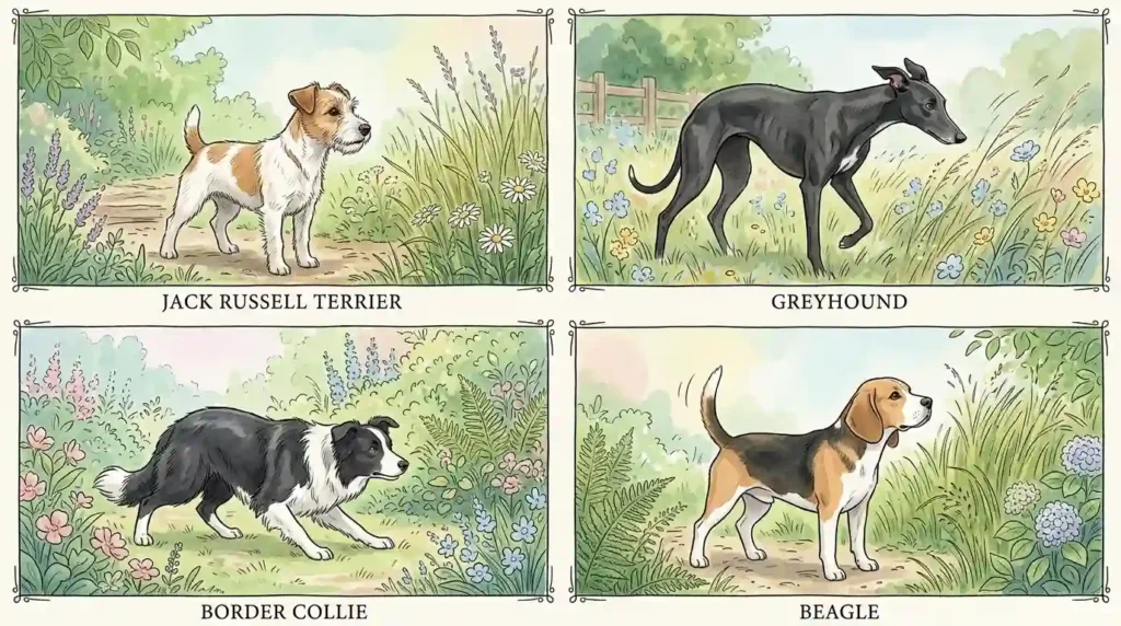 Four dog breeds in garden