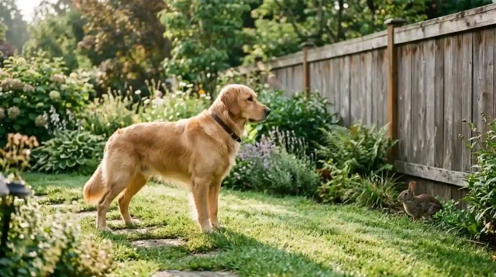Golden retriever watching rabbits