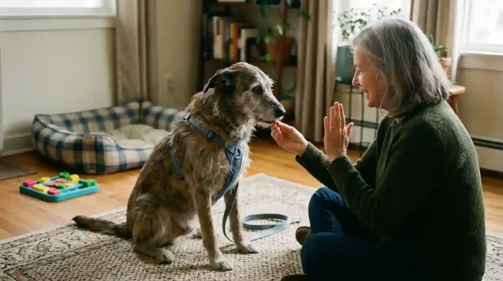 Older dog looking at caregiver