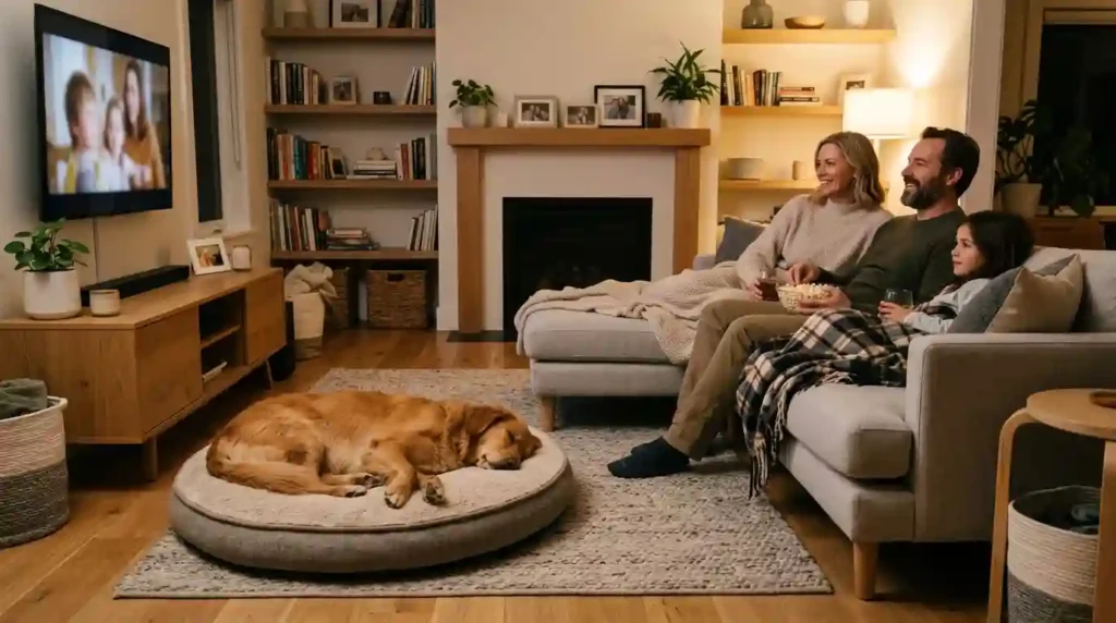 Owner rewarding calm dog behavior during gradual laughter training