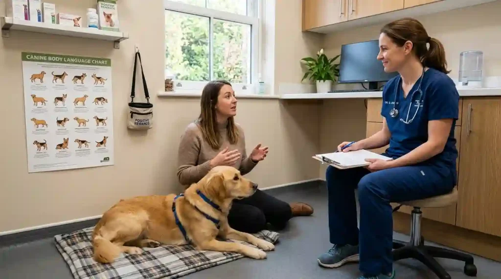 Veterinarian discussing barking and sound sensitivity with a dog owner