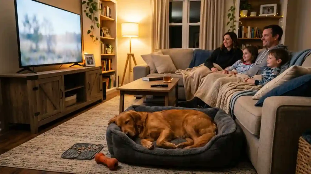 calm dog lying on a dog bed beside the couch