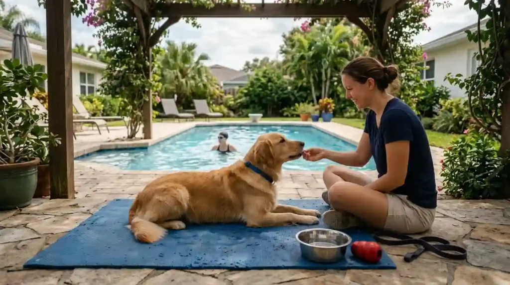 dog lying calmly on a mat 