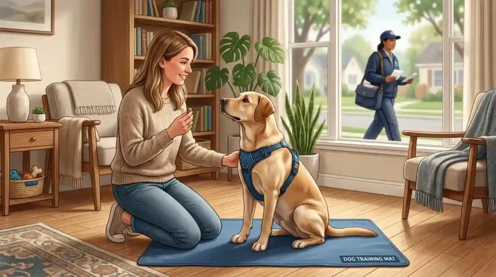 dog sitting on a training mat