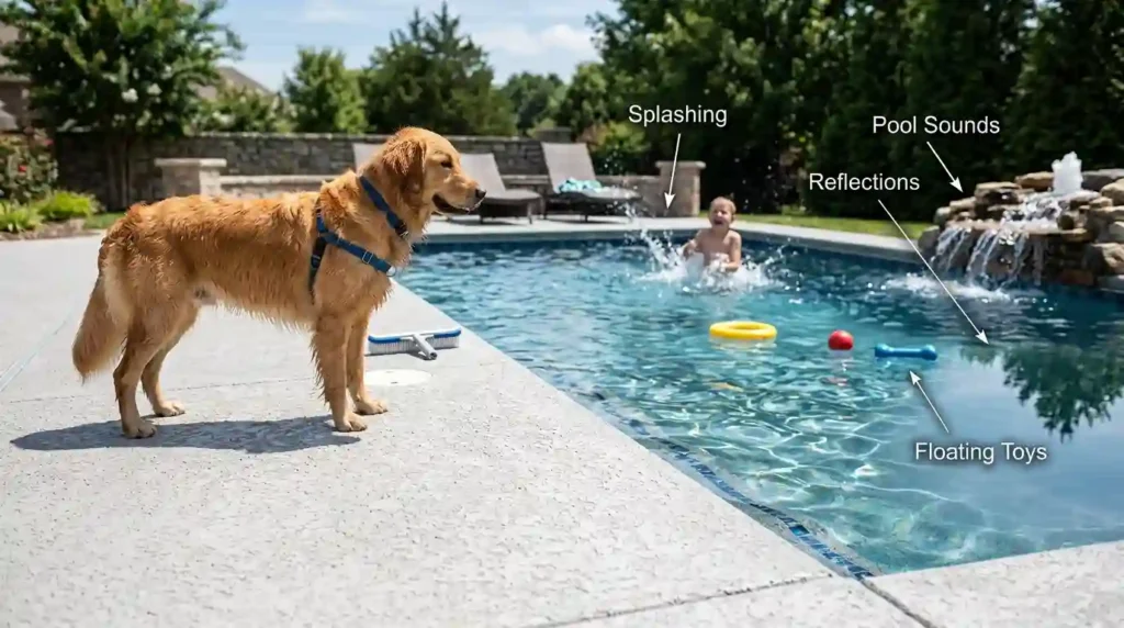 dog standing on a non-slip pool deck
