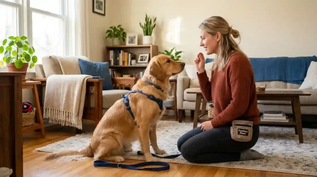 dog training scene in a cozy living room