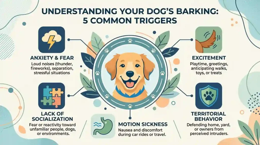 five labeled icons representing different barking triggers
