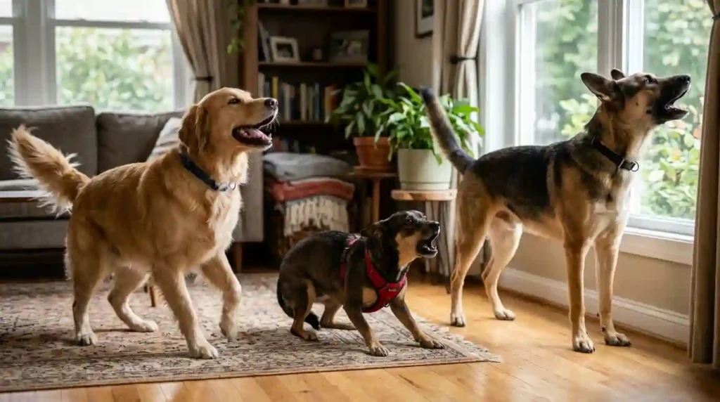 three dog body language examples during barking