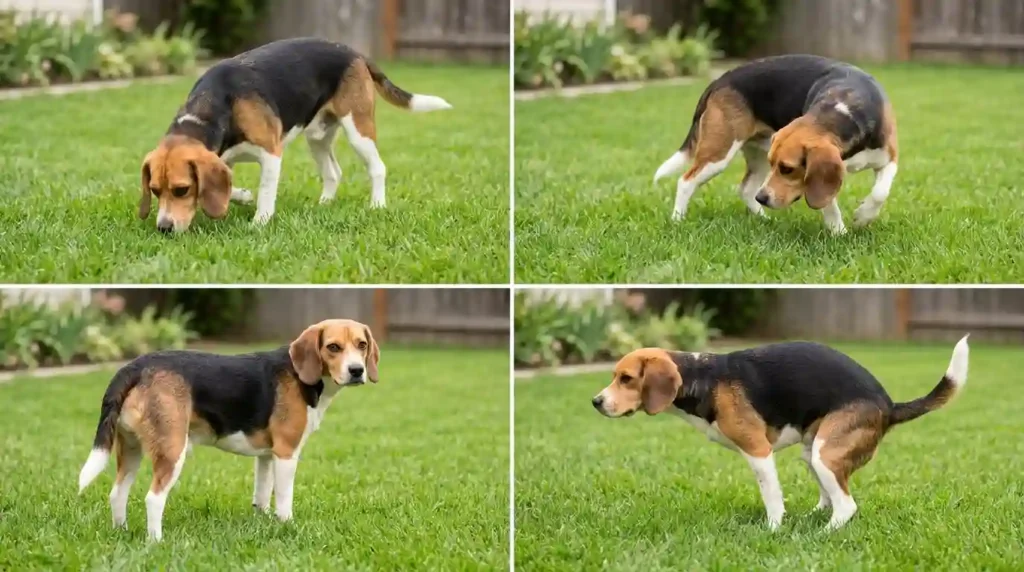 Beagle mix preparing to defecate