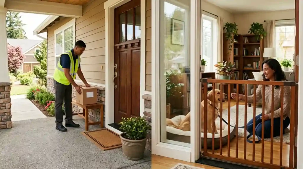 Delivery worker dropping off package