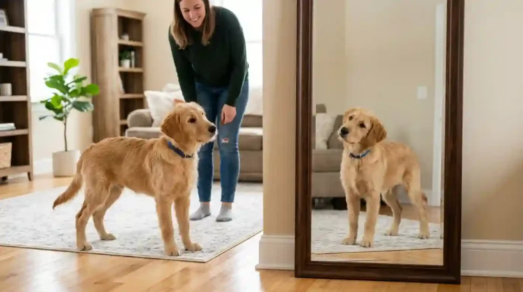 Dog observing mirror reflection