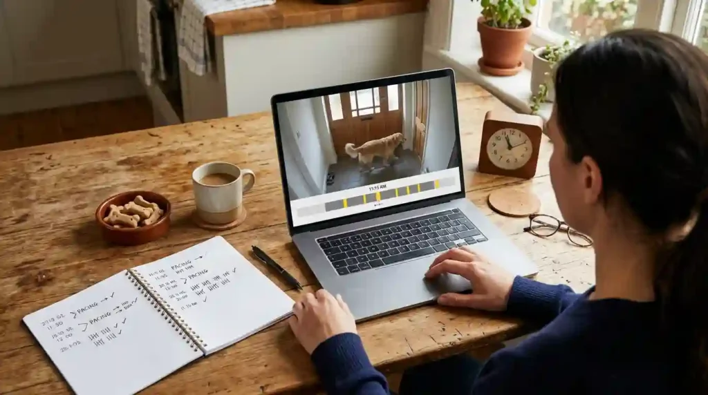 Dog owner reviewing footage laptop
