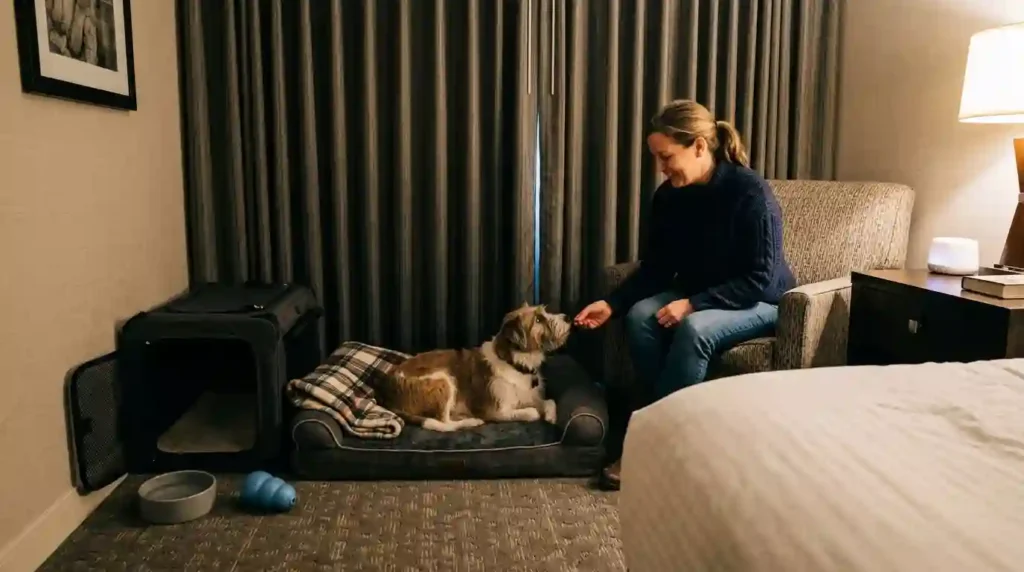 Dog settling on bed