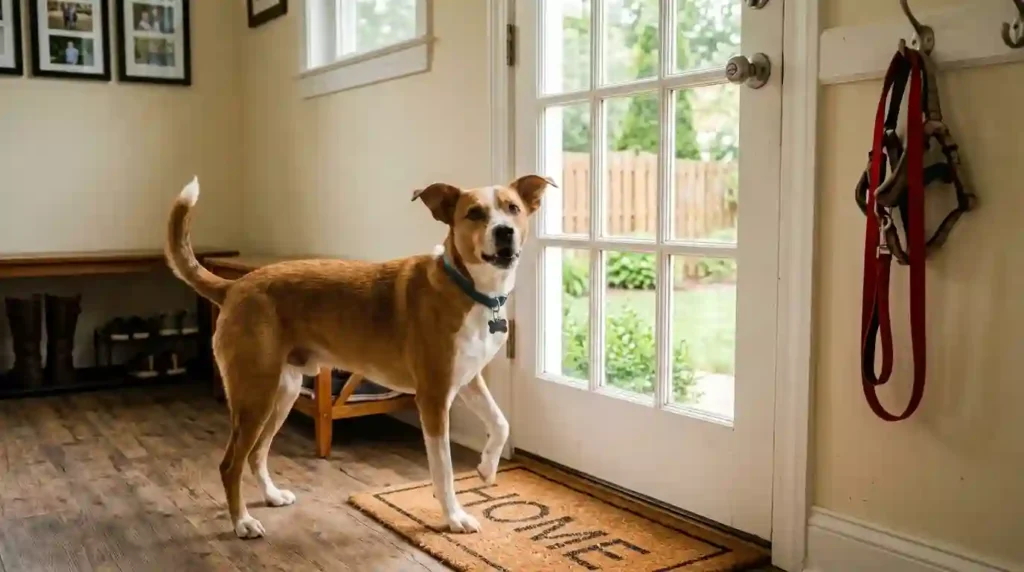 Dog standing by back door
