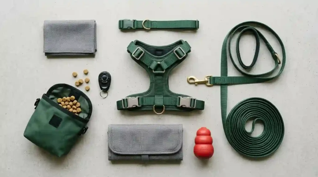 Dog training equipment flat lay
