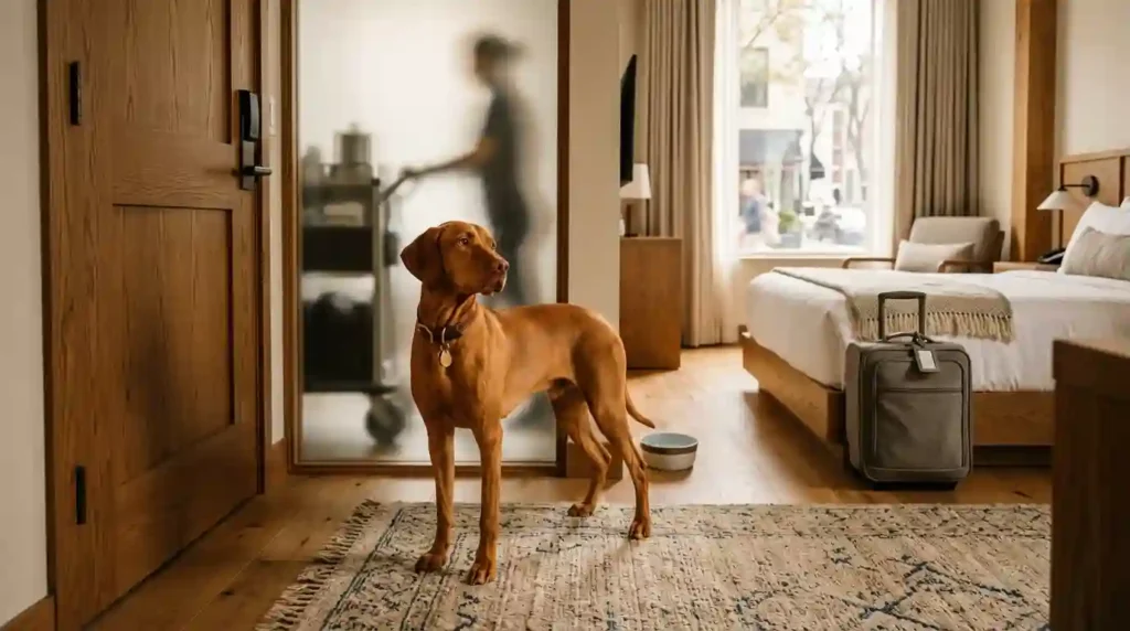 Dog waiting by hotel door