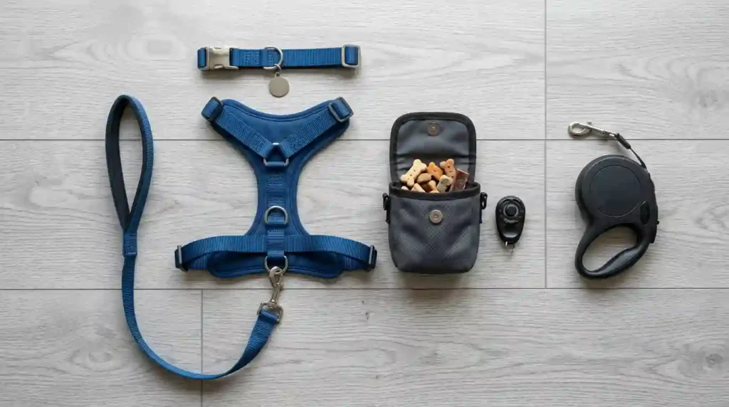 Dog walking equipment laid on floor