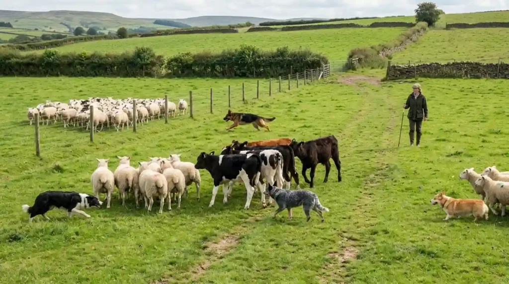 Four herding dogs working sheep