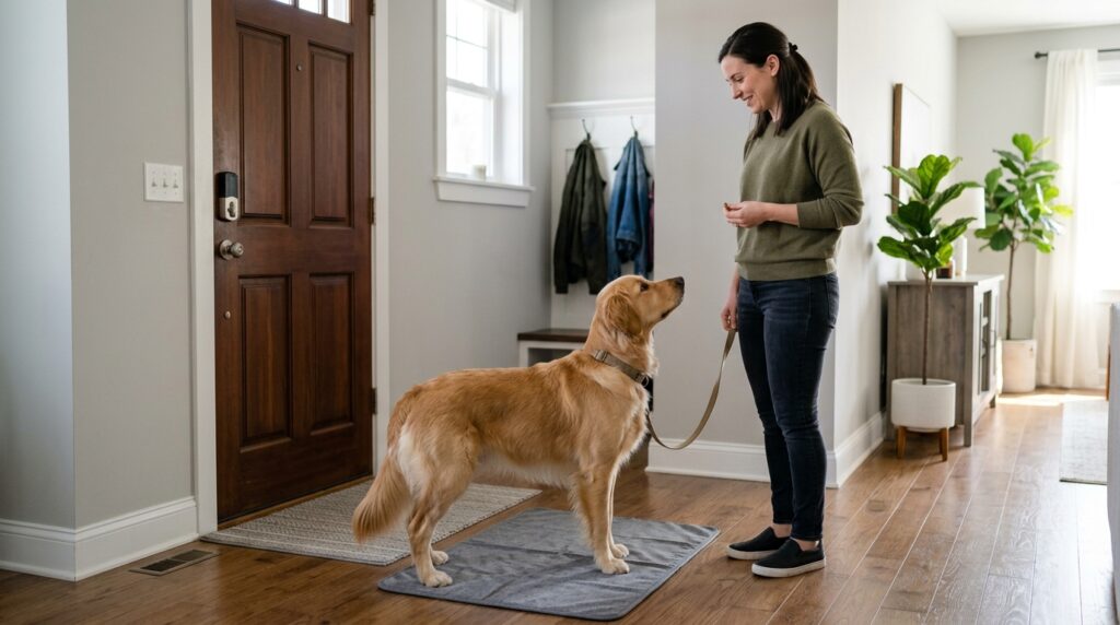 Owner training dog indoors