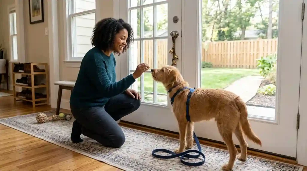 Owner training dog to ring