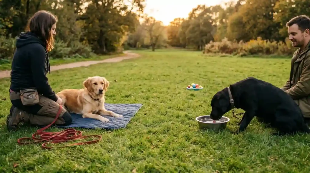 Two dogs resting on grass