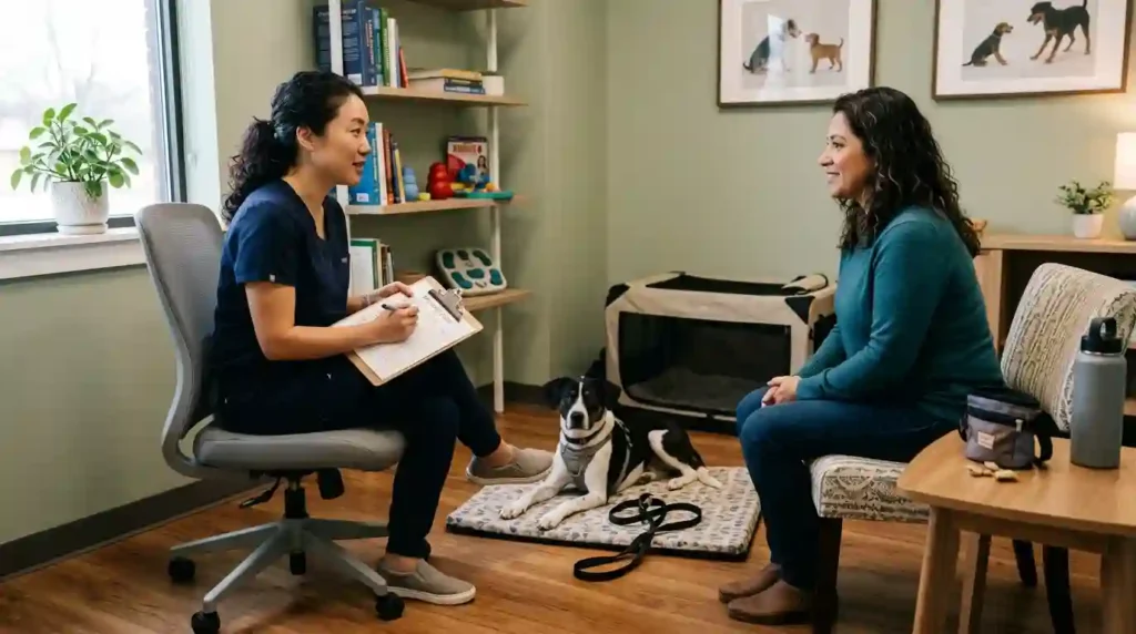 Veterinarian consulting with dog